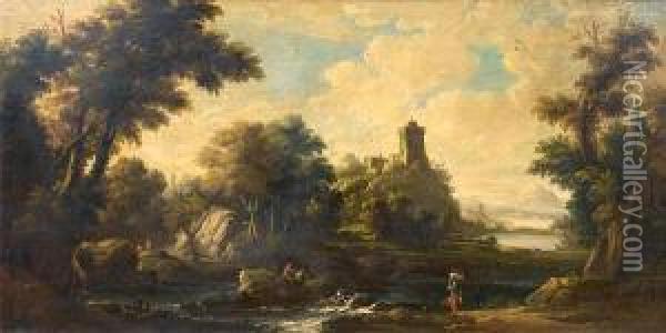 Travellers And Fishermen In An 
Italianate Landscape, With A City In The Distance And Mountain On The 
Horizon Oil Painting - Alessio De Marchis