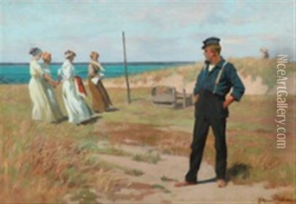 Beach Scene With A Young Man Looking At Four Young Women Oil Painting - Erik Ludwig Henningsen