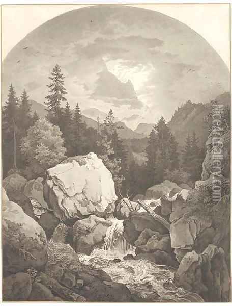 An extensive rocky landscape with a waterfall, mountains seen through clouds beyond Oil Painting - Adrian Ludwig Richter