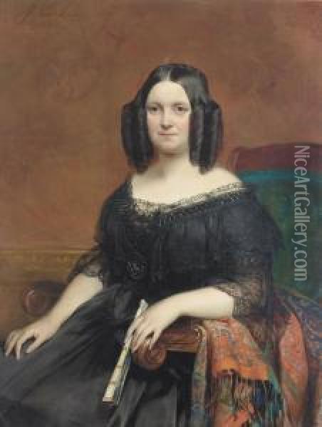 Portrat Einer Dame In Schwarzem Spitzenkleid Oil Painting - Joseph Van Lerius