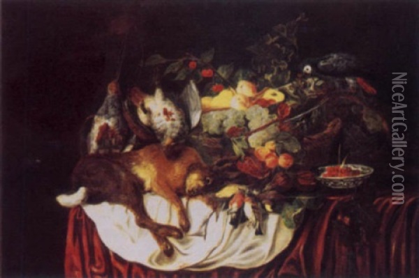 A Basket Of Fruit And A Blue Parakeet, With Dead Partridges, A Hare And Songbirds On A Draped Table With Cherries In A Porcelain Bowl Oil Painting - Jan Fyt