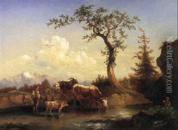 Viehhirten An Der Furt Oil Painting - Edmund Mahlknecht