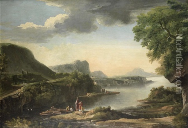 Figures Fishing On A Riverbank, An Extensive River Landscape Beyond Oil Painting - Jacob De Heusch