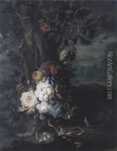 Bouquet De Fleurs Au Pied D'un Arbre Dans Un Paysage Oil Painting - Johann Martin Metz