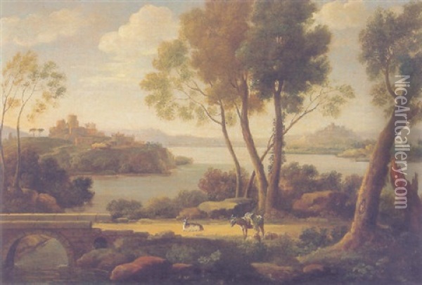 An Extensive Italianate River Landscape With A Goat And Donkey Near A Small Bridge Oil Painting - Hendrick Frans van Lint