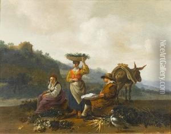 Vegetable Sellers In A Landscape Oil Painting - Hendrick Mommers