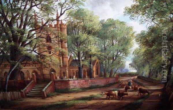 Village Church 
 With Cows In The Foreground Oil Painting - John Joseph Hughes