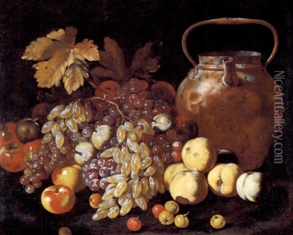 Natura Morta Di Uva, Pesche E Mele Con Pentola In Rame Oil Painting - Giovanni Battista Ruoppolo