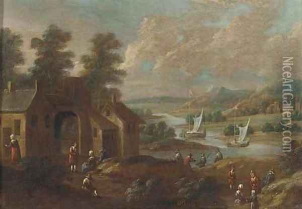An extensive river landscape with figures by a village Oil Painting - Marc Baets