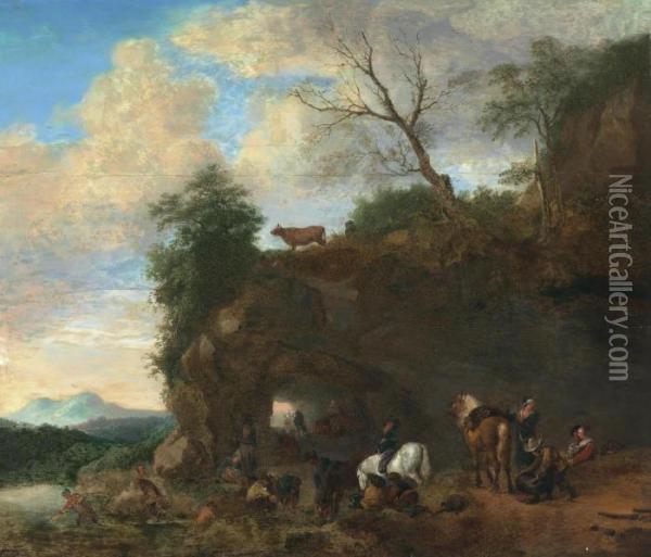 Figures In A Landscape Oil Painting - Pieter Wouwermans or Wouwerman