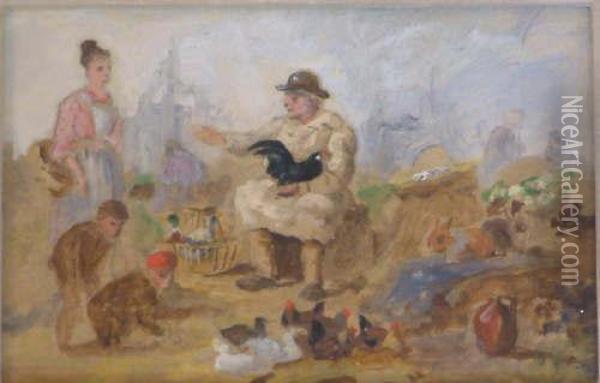 Market Scene 4.5 X 7in Oil Painting - Henry Bryant
