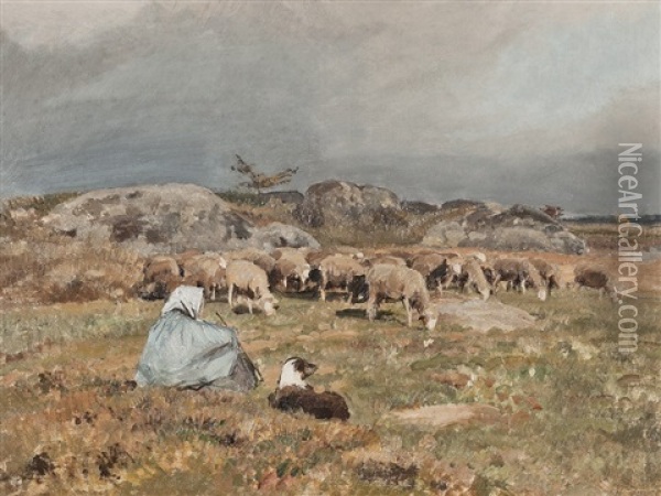 Shepherdess With Herd Oil Painting - Jean Henri Zuber