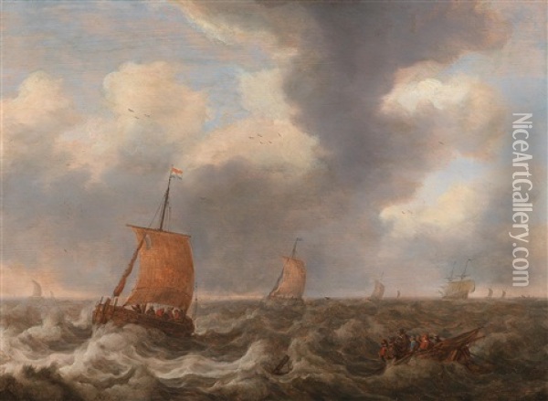 Ships And A Fishing Boat On A Choppy Sea Oil Painting - Cornelis Leonardsz Stooter