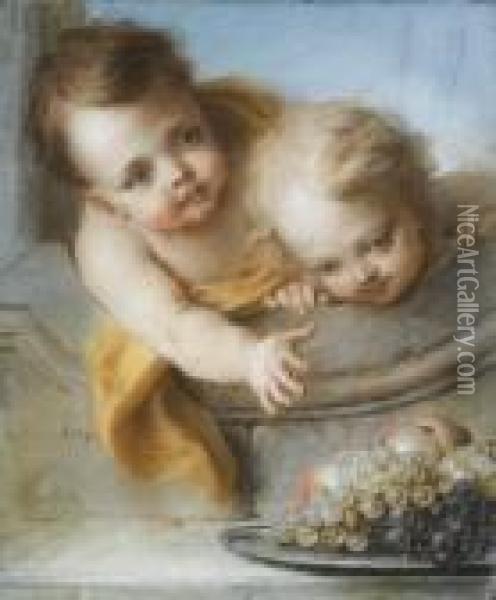 Two Children Reaching For A Platter Of Peaches And Grapes: Anallegory Of Autumn Oil Painting - Charles-Antoine Coypel