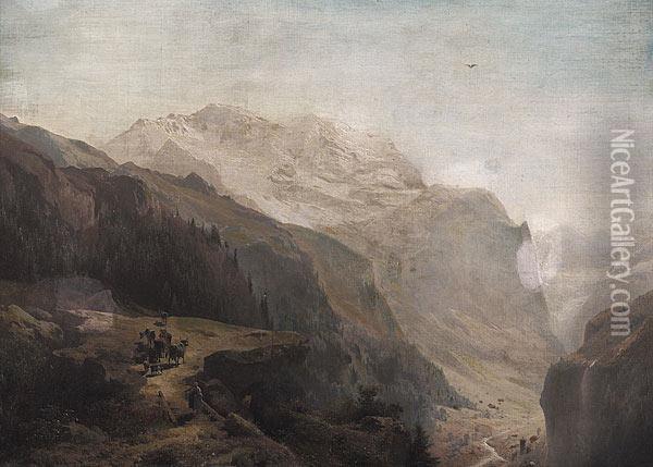 An Alpine Landscape With Cows Oil Painting - Herman Herzog