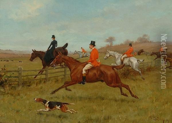 The Chase - The Field Taking A Fence At The Gallop Oil Painting - Thomas Blinks