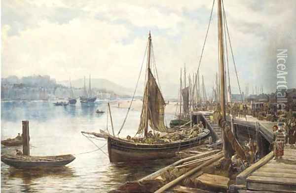 Unloading the catch on the jetty at Whitby Oil Painting - William Howard Hart
