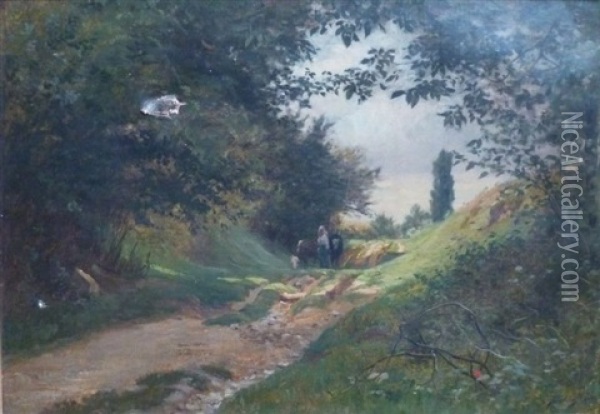 Boeufs Sur Un Chemin Arbore Oil Painting - Charles Joseph Beauverie