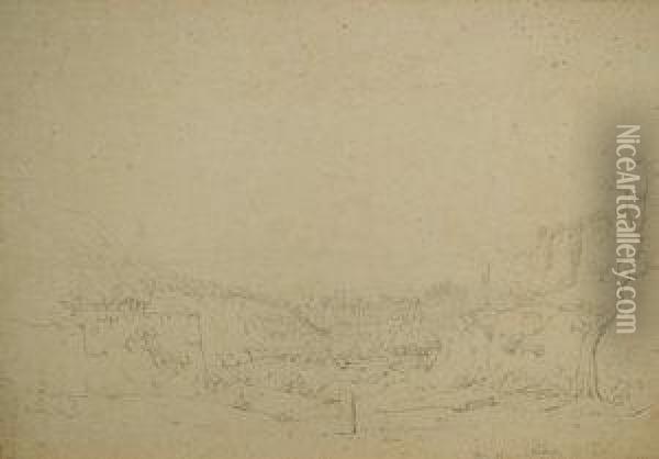 German -- Landscape In The Near East, Possibly Of Tyre, Lebanon, With A Figure Sketching. Woodland And A City With Minarets In The Distance; Pencil, Bears Initials, Inscription And Date, 37x55.3cm Oil Painting - Anton Ii Schranz