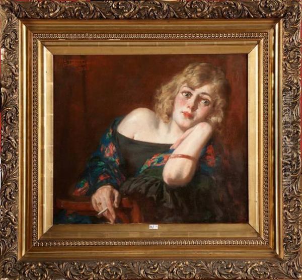 Jeune Femme A La Cigarette Oil Painting - Medard I Tytgat