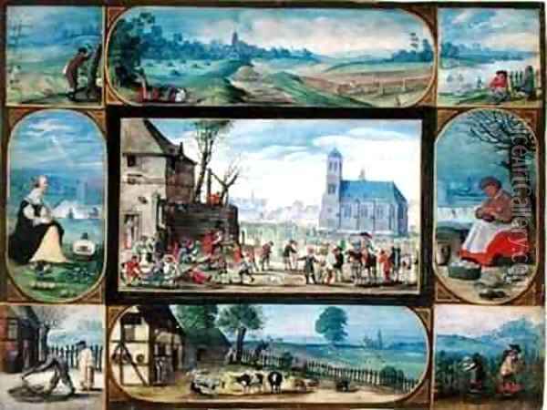 Composite of ten allegorical scenes of life in the town and country Oil Painting - Frans the younger Francken