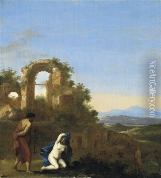 Weite Romische Ruinenlandschaft Mit Hirten Oil Painting - Cornelis Van Poelenburgh