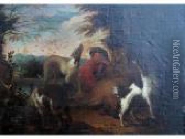 A Sportsman With Three Hounds Oil Painting - Adriaen de Gryef