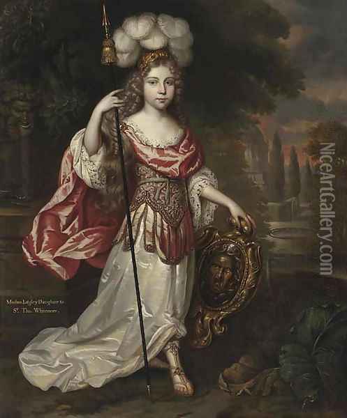 Portrait of Madame Lagley, daughter to Sir Thomas Whitemore, full-length, in a white and pink Roman dress Oil Painting - Mignard, Pierre II