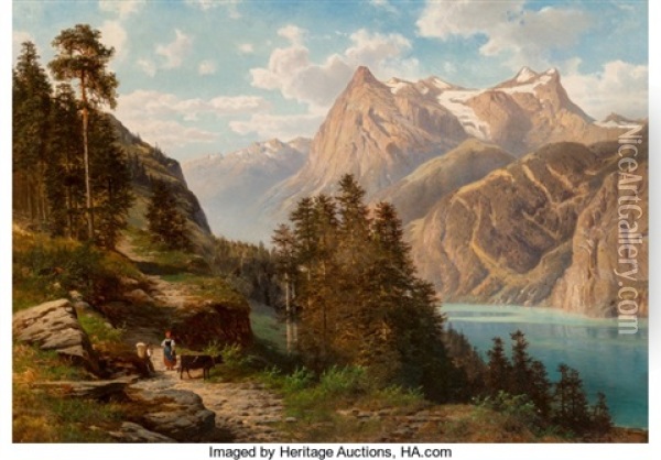 Path Along An Alpine Lake Oil Painting - Georg Engelhardt