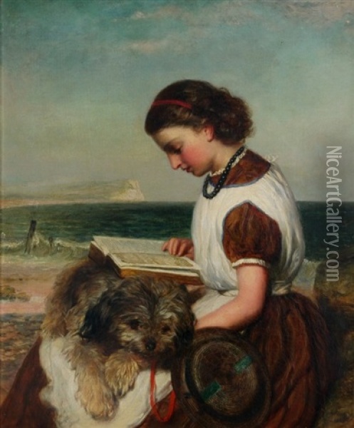 Girl Reading With Dog On Her Lap, British Coast Oil Painting - James Clarke Waite