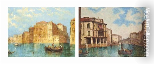 Gondalas, Venice; The Rialto Bridge Viewed From The Grand Canal, Venice (pair) Oil Painting - William Meadows