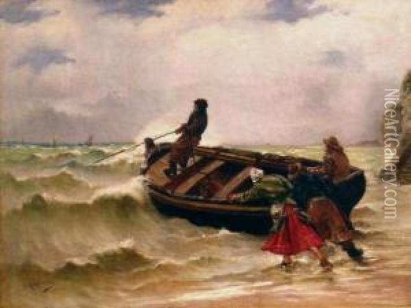 Launching The Boat Oil Painting - George Haquette