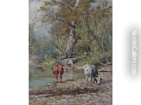 Cows In Summer Oil Painting - Thomas Lindsay