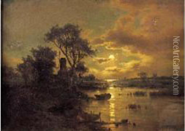 Paysage Au Moulin Et Clair De Lune Oil Painting - Adolf Chwala