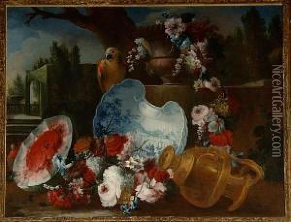 Roses, Convolvulus, Snowballs 
And Otherflowers In An Urn With A Parrot, A Park Landscape In The 
Distance Oil Painting - Giuseppe Lavagna
