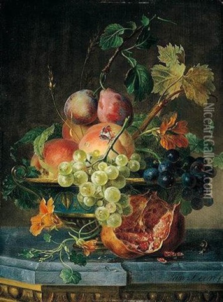 Still Life With Grapes, Peaches, Plums And Nasturtiums In An Ornate Bowl, With A Snail On A Stone Ledge Oil Painting - Willem van Leen