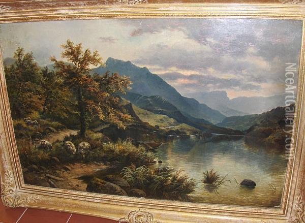 Sheep By A Lake In A Mountainous Landscape; Autumnal Landscape Oil Painting - Edgar Longstaffe
