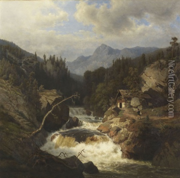 Gebirgslandschaft Mit Jagersmann Am Tosenden Fluss Oil Painting - Leonhard Rausch
