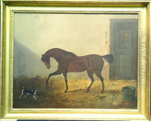 Bay Hunter And Spaniel In A Stable Oil Painting - Richard Ansdell