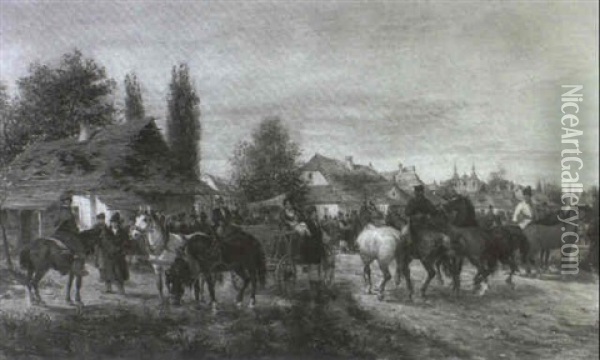 Pferdemarkt Vor Einer Ungarischen Stadt Oil Painting - Ludwig Gedlek
