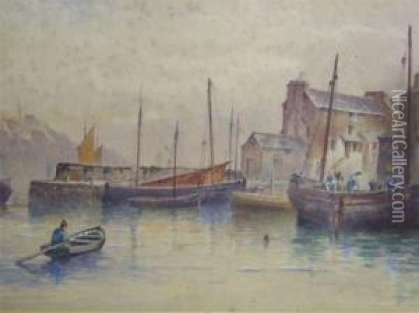 Signed And Dated , Watercolour, West Country Harbour Scene With Fishing Boats, 11 Oil Painting - Harry J. Williams