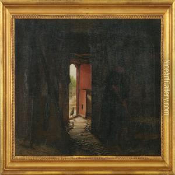 Woman In A Stableinterior With Light Coming Through The Open Door Oil Painting - Julius Exner