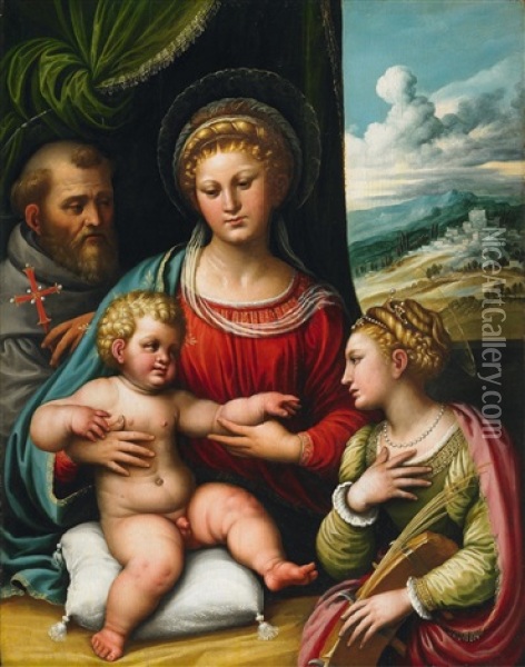 The Holy Family With Saint Catherine Oil Painting - Girolamo da Treviso the Younger
