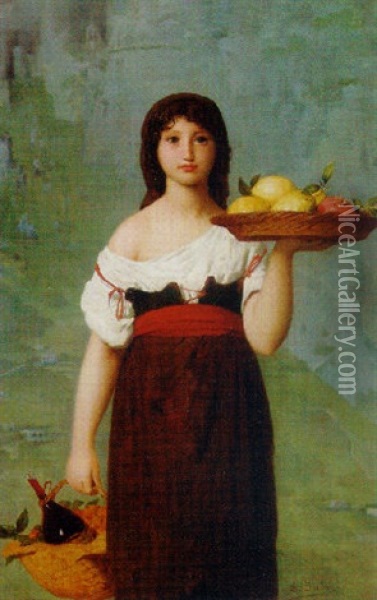 A Maiden Holding A Basket, With Fruit And A Bottle Of Wine Oil Painting - Edouard Alexandre Sain