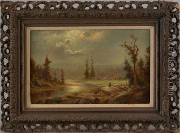 Landscape With River And House Oil Painting - Albert Bierstadt