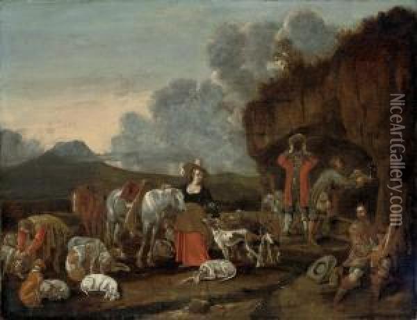 A Hunting Party At Rest In A Rocky Landscape Oil Painting - Dirck Willemsz. Stoop