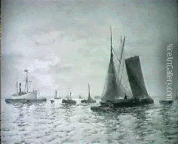 Sailing Vessels And Small Craft In An Estuary Oil Painting - Edward Henry Eugene Fletcher