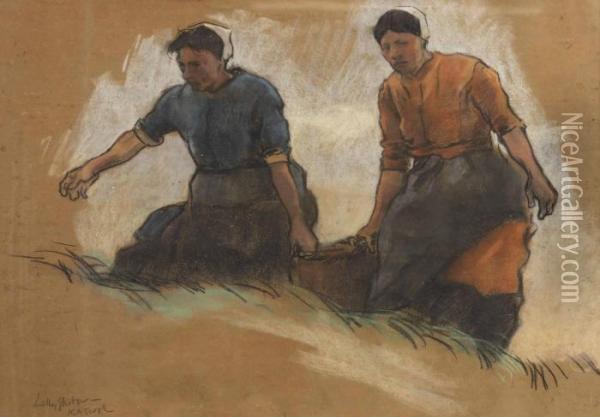 Katwijk; Two Fisherwomen Oil Painting - Willy Sluyters