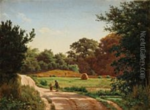 Danish Summer Landscape With An Old Man And A Little Girl On The Country Road Oil Painting - Anders Christian Lunde