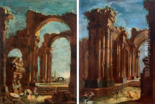 Seguace Due Capricci Architettonici Con Figure Oil Painting - Pietro Paltronieri Il Mirandolese
